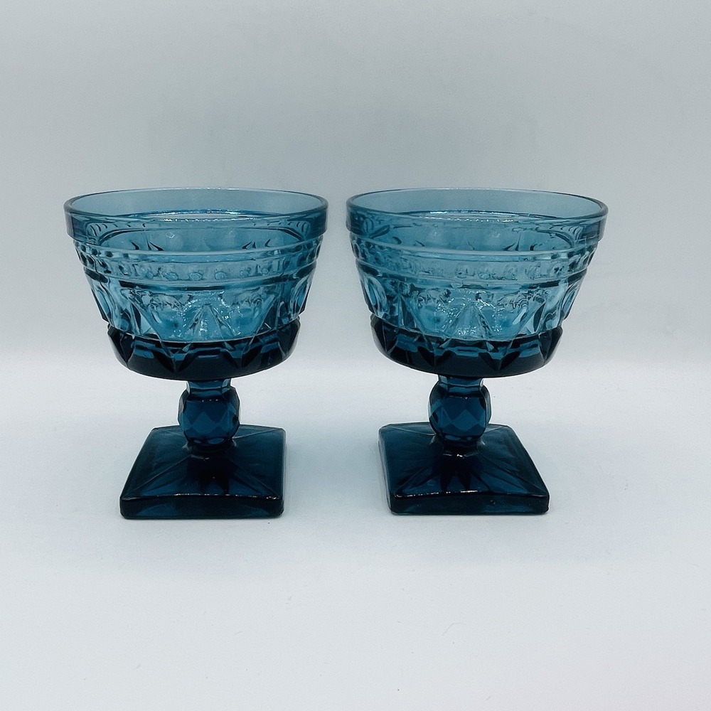 Vintage Indiana Glass Colony Park Lane‎ Teal Blue Compote Sherbet Goblets Set 2